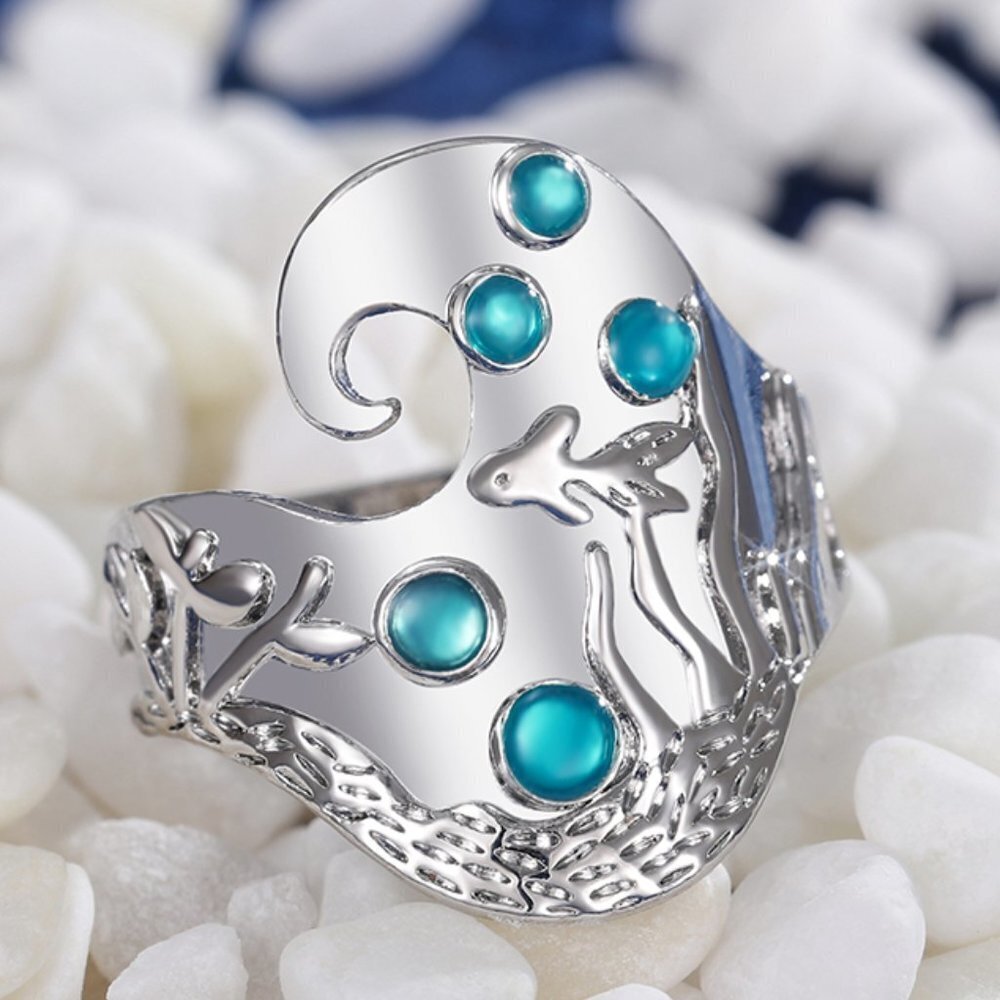 🎁925 Silver Plated Creative Vintage Fish Pattern Blue Gemstone Ring, UNVN12479
